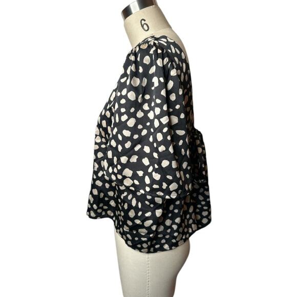 Loft Black Ivory Animal Print Open Back Bow Tie Short Sleeve Blouse Top Women M - Picture 4 of 7